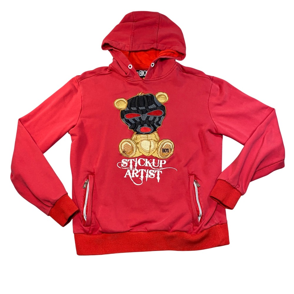 BKYS Mens Red Stickup Artist Bear Ski Mask Hoodie Sweatshirt Medium Streetwear - Picture 1 of 10